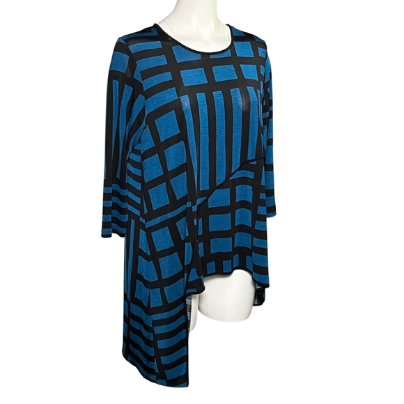 COMFY USA Tunic Top Size Large Blue Black Stretchy Slinky Lagenlook High Low - Picture 1 of 9
